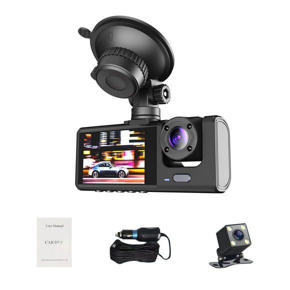 Fenytay Cámara de salpicadero DVR de 1080P Cámara frontal, interior y trasera Grabadora de conducción Pantalla de 2 pulgadas Soporte de cámara de salpicadero Grabación en bucle de visión nocturna Bloq