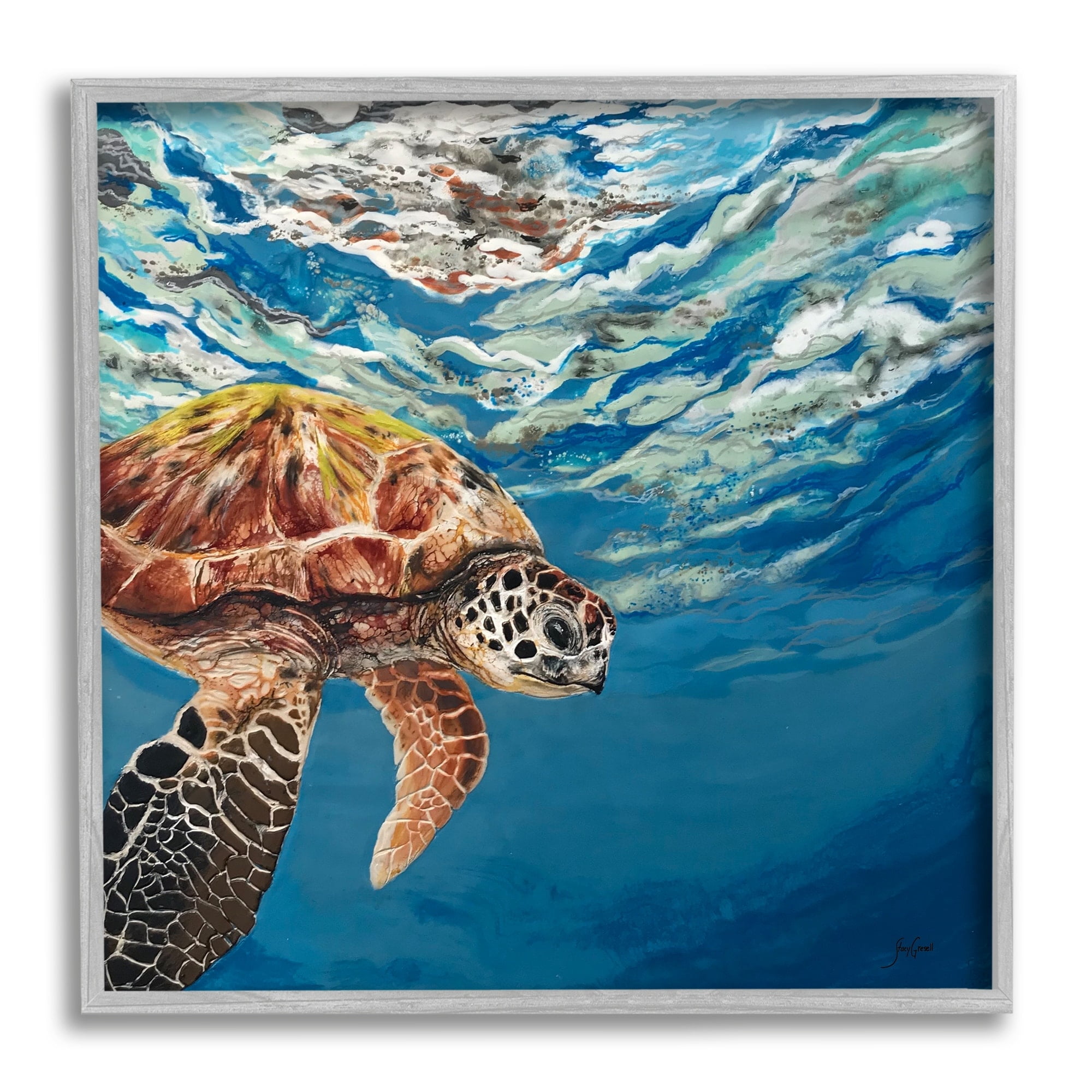 Stupell Industries Sea Turtle Swimming Distant Surface Ocean Water Waves Painting Gray Framed Art Print Wall Art, Design by Stacy Gresell