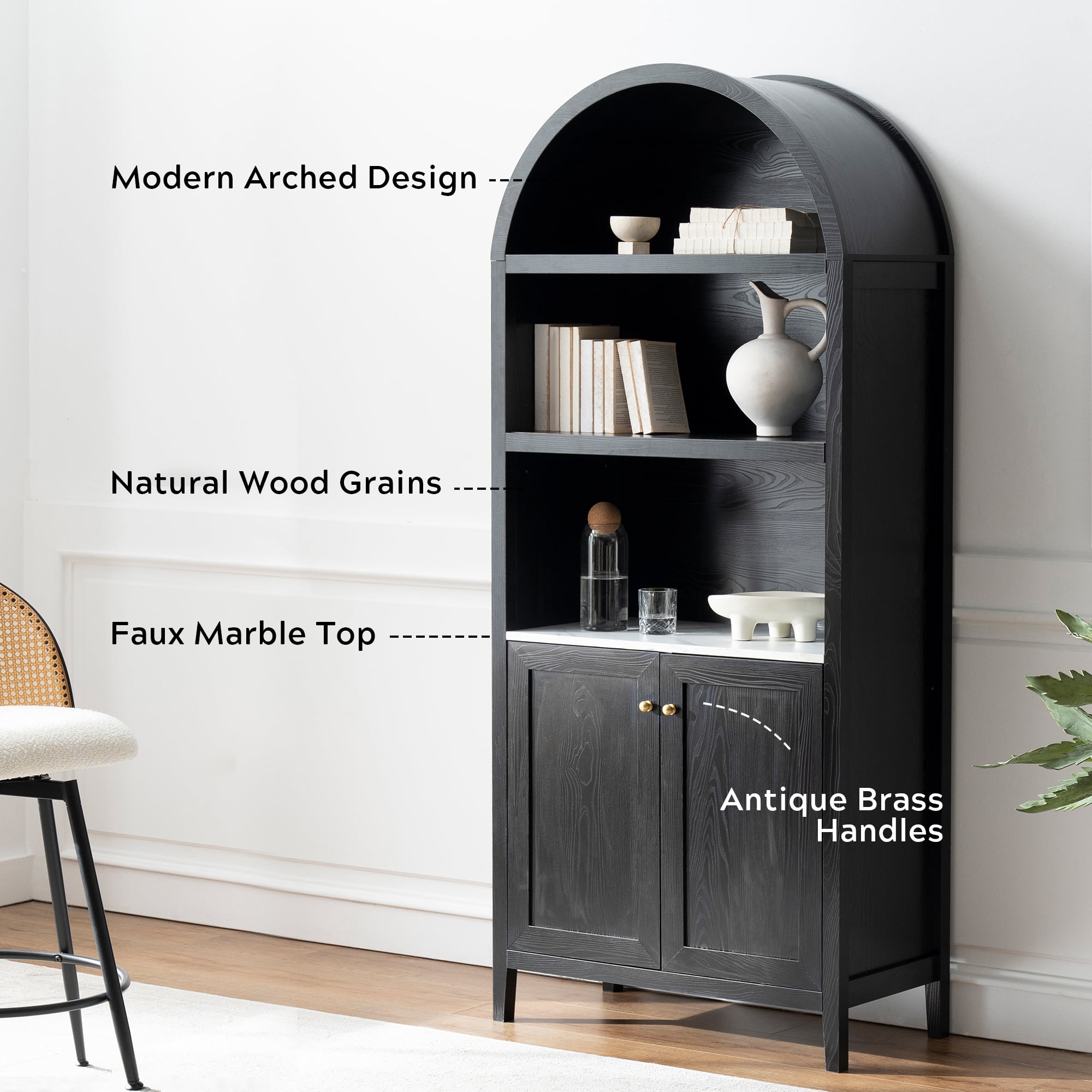 EYYTHUNG 71" Tall Arched Cabinet Modern Farmhouse 5-Tier Arched Bookcase Storage Display Cabinet with Faux Marble Top, Black