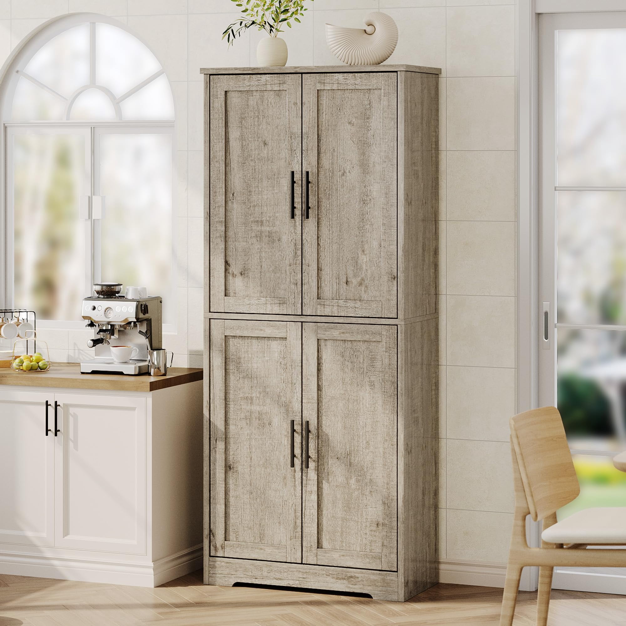 70" Kitchen Pantry Cabinet, Freestanding Storage Cabinet with 4 Doors and Shelves, Tall Large Wood Storage Cabinet for Bathroom, Dining Room