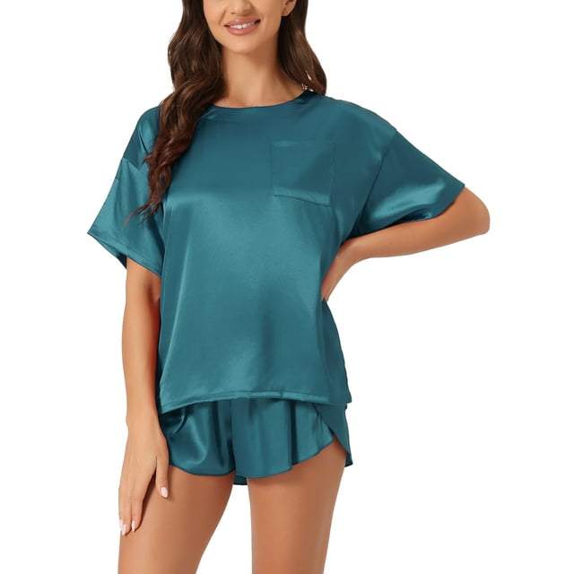INSPIRAR CHIC Conjunto de Pijama de Satén para Mujeres, Camiseta de Manga Corta con Pantalones Cortos, Ropa de Dormir XS Azul Lago