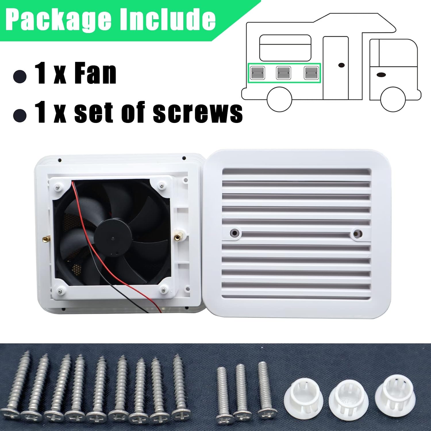 RV Side Vent Fan, 2.4W 12V One-Way Silent Wind Air Ventilation Exhaust Fan for Caravan, Motorhome, Camper, White