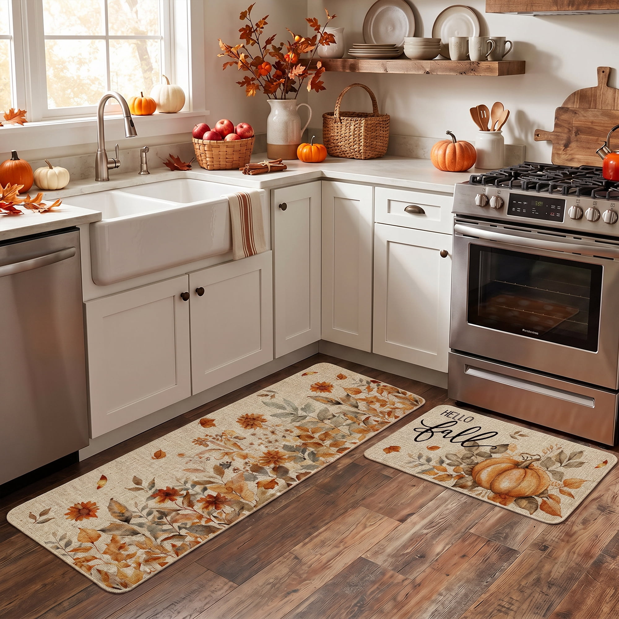 Sm:)e Pumpkin Sunflowers Hello Fall Kitchen Mats Set of 2, Autumn Home Decor Low-Profile Kitchen Rugs for Floor - 17x29 and 17x47 Inch