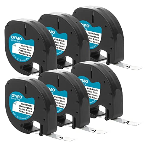 DYMO Authentic LT Plastic Labeling Tape for LetraTag Label Makers,1/2" (12mm),Black Print On White Tape,6-Pack