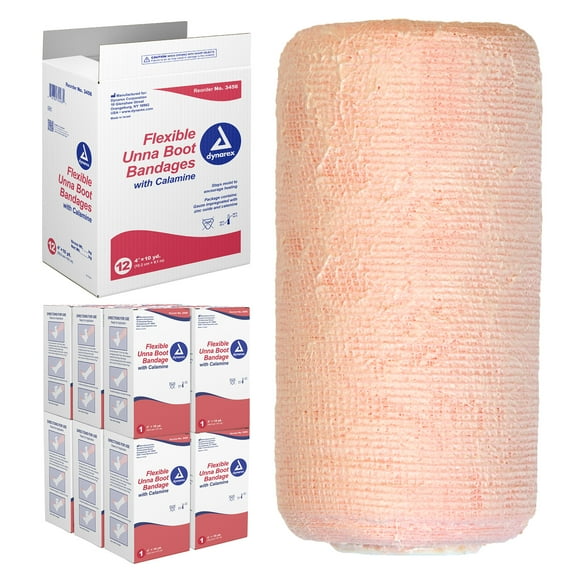 Dynarex Unna Boot Bandage, Individually Packaged, Provides Customized Compression as Treatment for Leg Ulcers with Calamine, Soft Cast, 4 in. x 10 yds, 1 Case of 12 Unna Boot Bandages