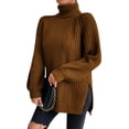 thumbnail image 1 of EYIIYE Chandail d'Automne Hiver pour Femmes à Manches Longues Col Roulé Tricoté chandail Couleur Unie Ourlet Fendu Long Tricoté Ample Décontracté Confortable, 1 of 8