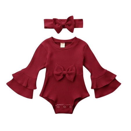 

Baby Girls Knitted Solid Romper Long Ruffled Sleeve Triangle Crotch Baby Clothing with Big Bowknot Hairband 2Pcs