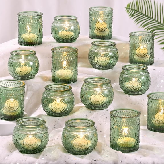 48Pcs Green Votive Candle Holders- Glass Candle Holders Bulk for Flameless LED Tea Waxes, Romantic Candle Holder for Wedding Decor, Various Parties & Dinner Table