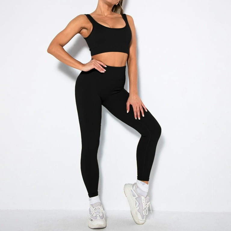 ZIZOCWA 2 Piece Workout Outfits for Women Solid Ribbed Stretchy