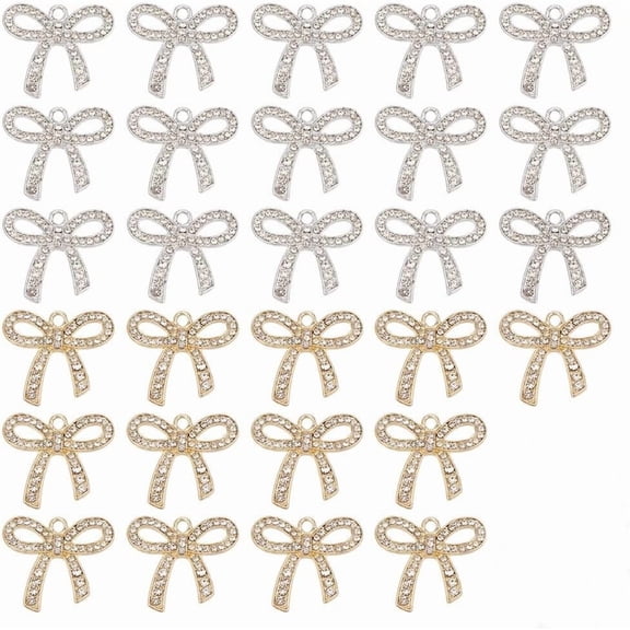 30pcs Rhinestone Bows Pendants Charm 2 Colors Alloy Bowknot Charms Cute Tie Jewelry Making Supplies for Bracelet Necklace Earrings Dangle Handmade Crafts Gift colorful DIY