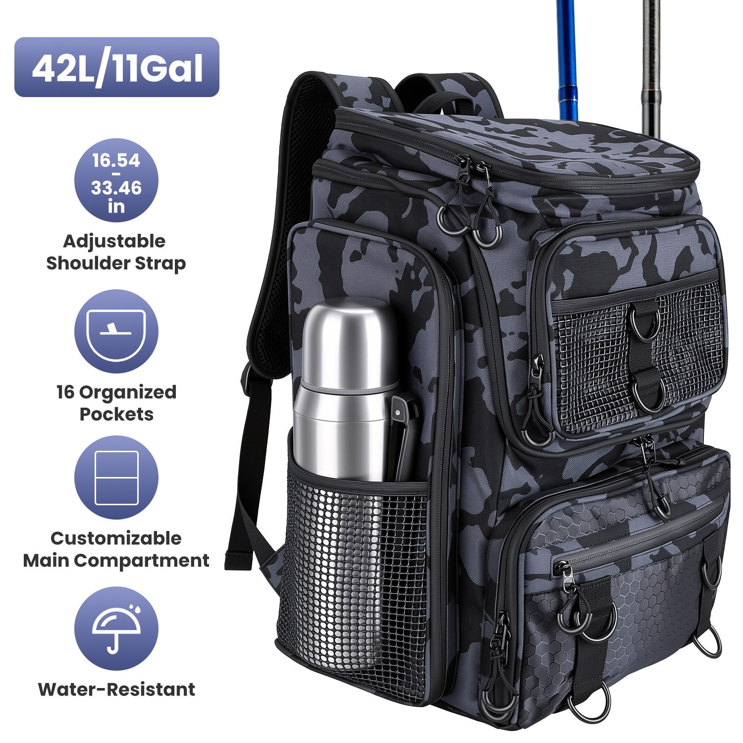 Teqhome 42L/11Gal Fishing Backpack Fishing Tackle Backpack Waterproof 16-Pocket Rod Holders Divider Adjustable Padded Straps Water-Resistant for Fishing Gear Outdoor Camping Hiking