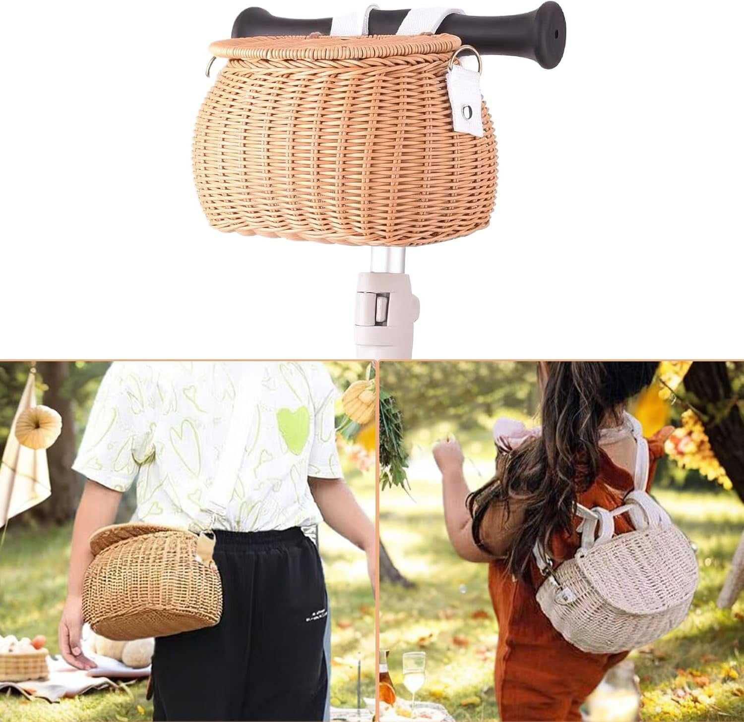 Wicker Kids Bike Basket: Detachable Bike Basket Front with Lid & Adjustable Straps, Finely Hand-Woven Basket Backpack, Rattan Storage Bicycle Basket, Scooter Tricycle Basket