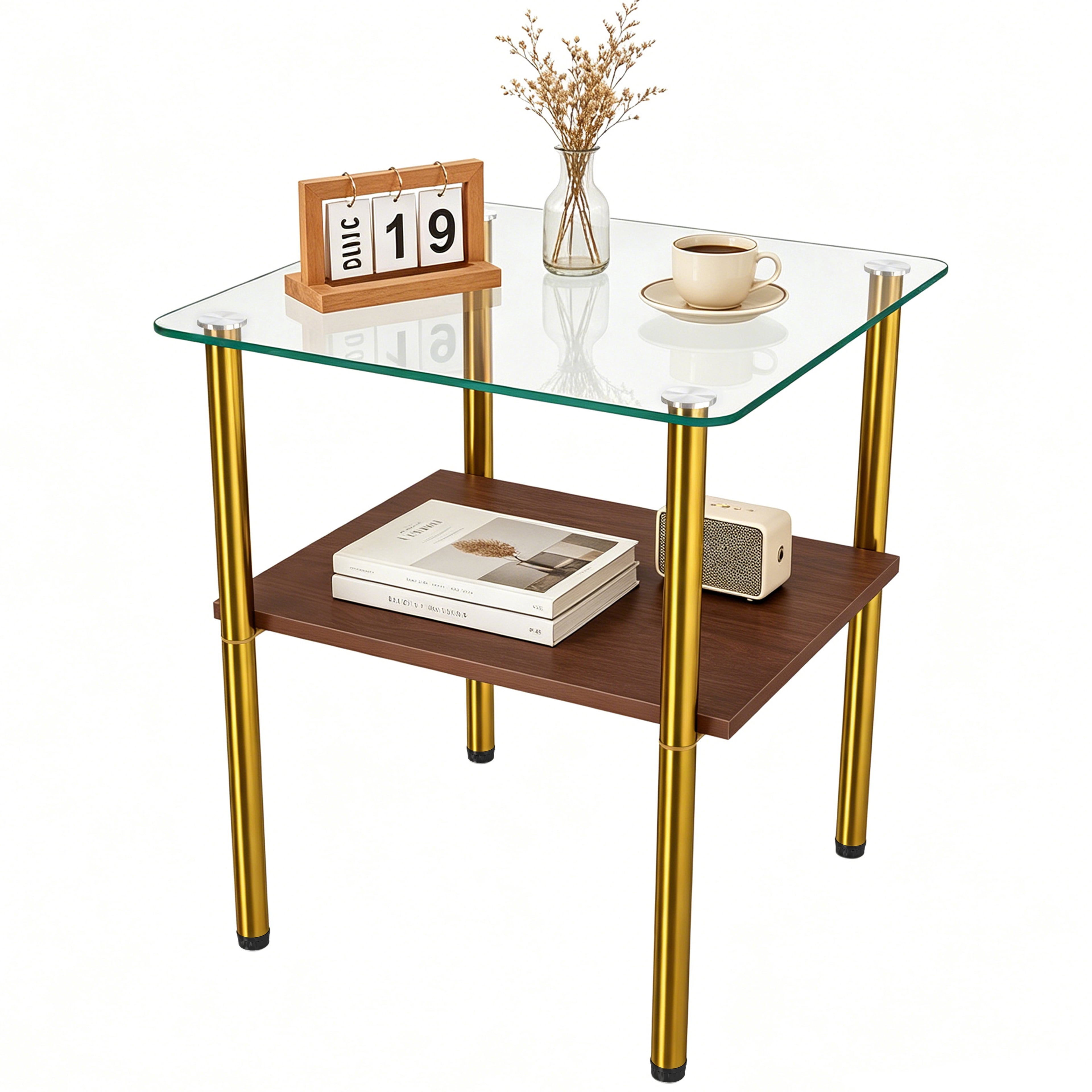 2-piece Modern Rectangular Glass Side Table, Tempered Glass Tabletop, MDF Storage Shelf & Metal Legs, Minimalist Sofa Side Table for Living Room & Bedroom