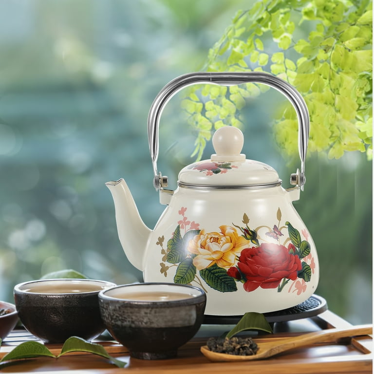 Raindrops Enamel Tea Kettle with Floral Pattern Vintage Farmhouse