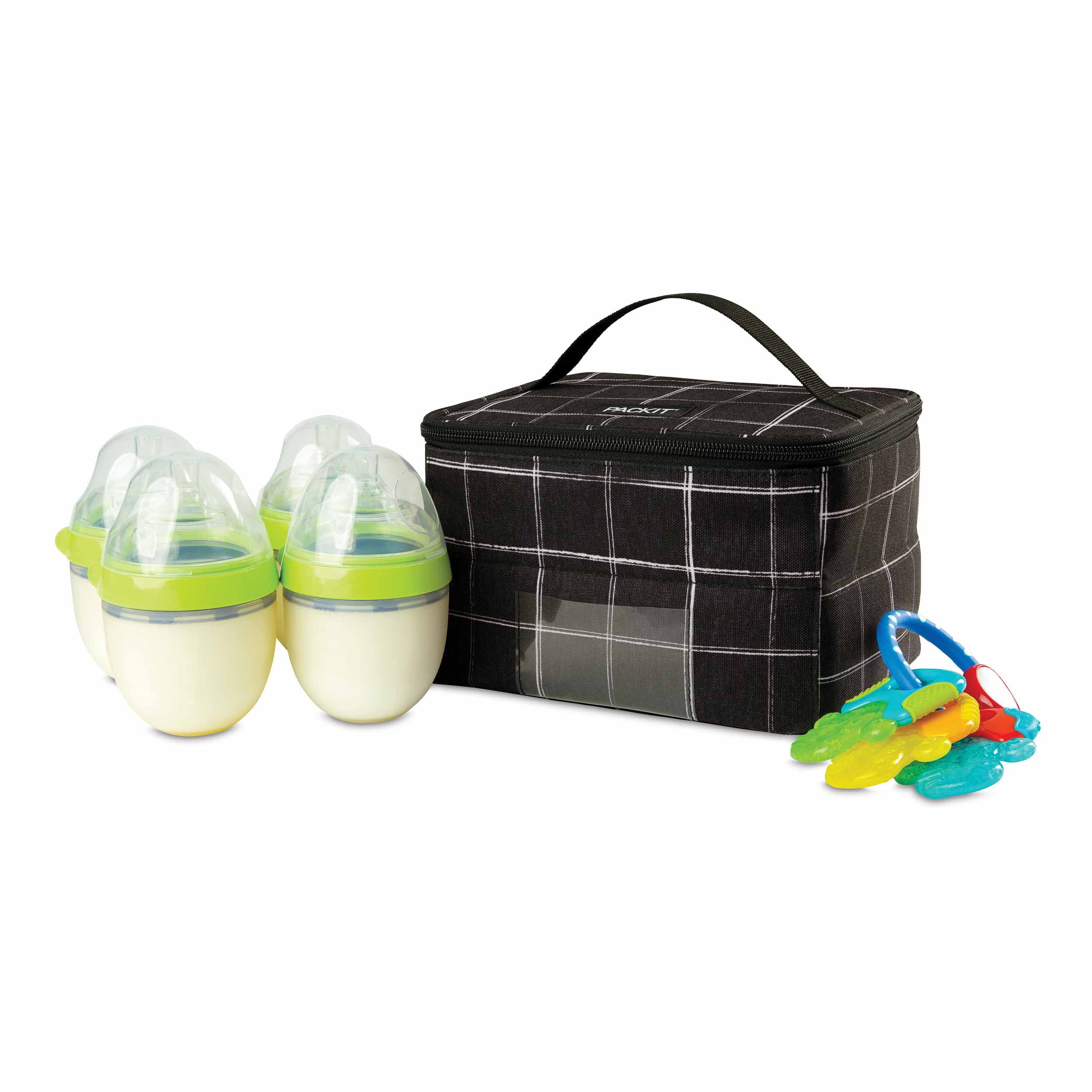 PackIt Freezable Baby Bottle and Breastmilk Storage Bag Cooler, Black Grid