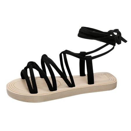 

Pimfylm White Sandals Womens Flat Sandals Summer Bohemian Beach Flats Elastic Ankle Strap Comfortable T-Strap Thong Flip Flops Black 7.5