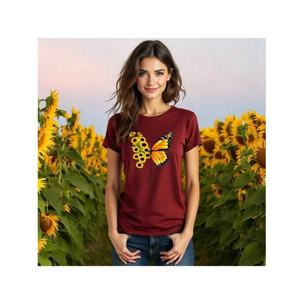 Blusa con Estampado de Mariposa y Girasoles – Diseño Único y Significativo Color Shedron Talla Mediana Marca Emil SaEs