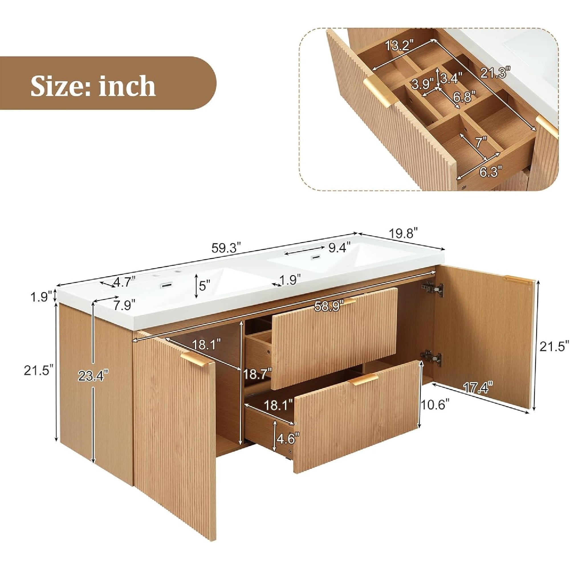 60" Bathroom Vanity with Sink Combo, Floating Double Sink Bathroom Vanity with 4 Drawer, MDF Storage Cabinet with SMC Resin Top, Wall-Mounted Bathroom Vanities (60''-Wood)