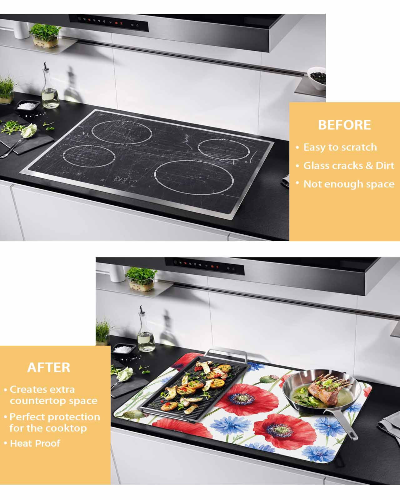 nqOlkjepod Large Induction Cooktop Protector Mat 24"x21", Red Poppy Flower Stove Top Covers for Electric Stove, Blue Watercolor Budding Floral Summer Stove Burner Cover Mats, Glass Top Stove Cover
