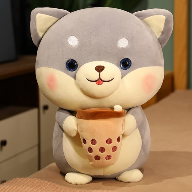 20/35/45cm Kawaii Shiba Inu Dog Holding Bubble Tea Cup Plush Toys Stuffed Soft Animal Pillow Dolls for Girls Birthday Giftsgray45cm Deng Xun unisex