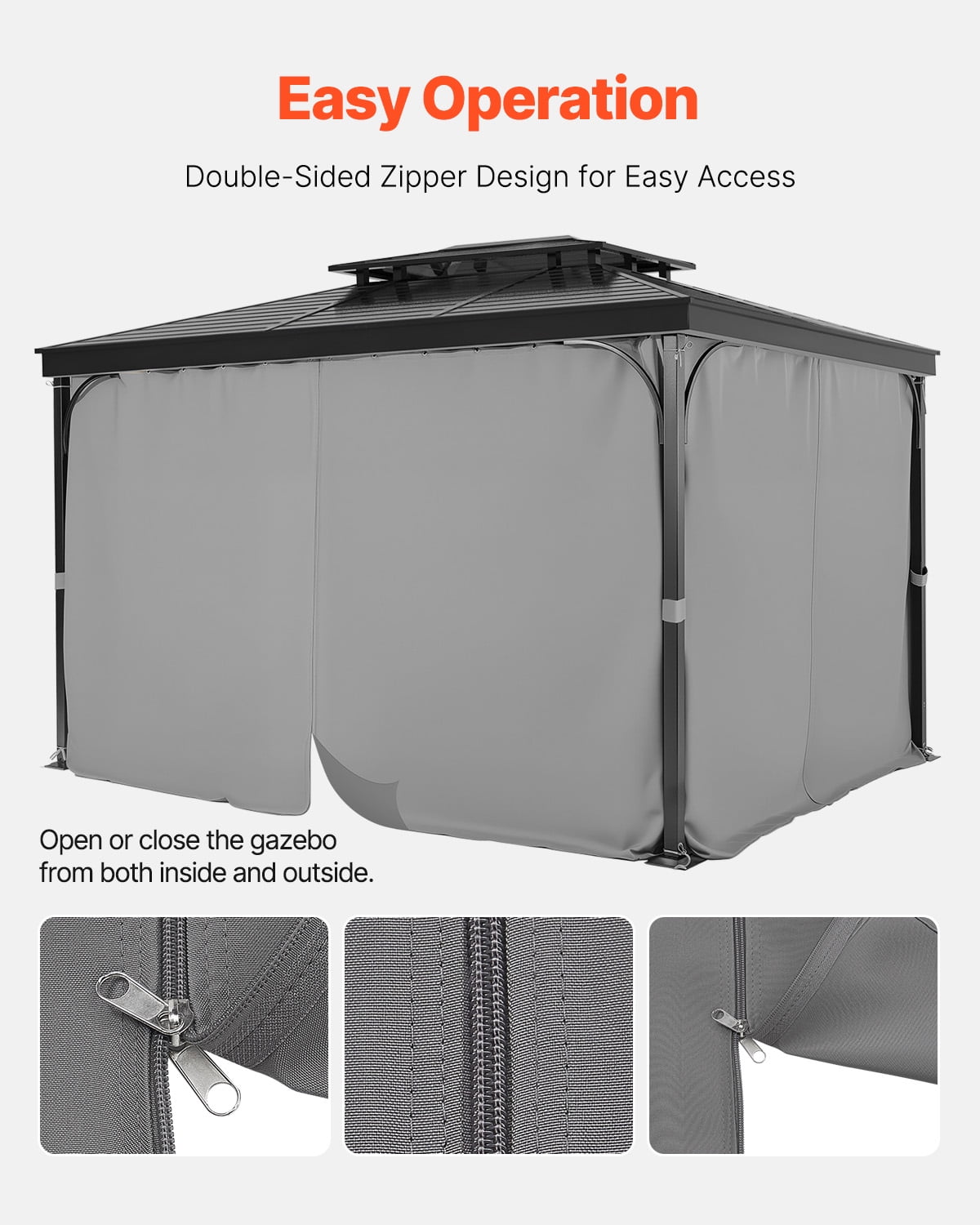 VEVOR Gazebo Curtains Outdoor, 12' x 10' x 6.7' Gazebos, 4-Panel Sidewall Gazebo Privacy Curtains with Zippers, Outdoor Curtain Replacement for Patio Canopy, Only Curtain, Gray