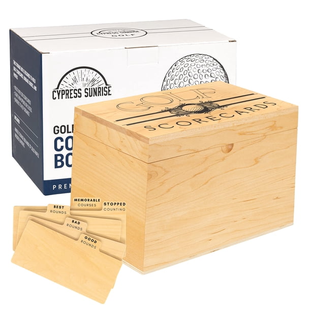 Caja organizadora de tarjetas de puntuación de golf CYPRESS SUNRISE de madera de arce
