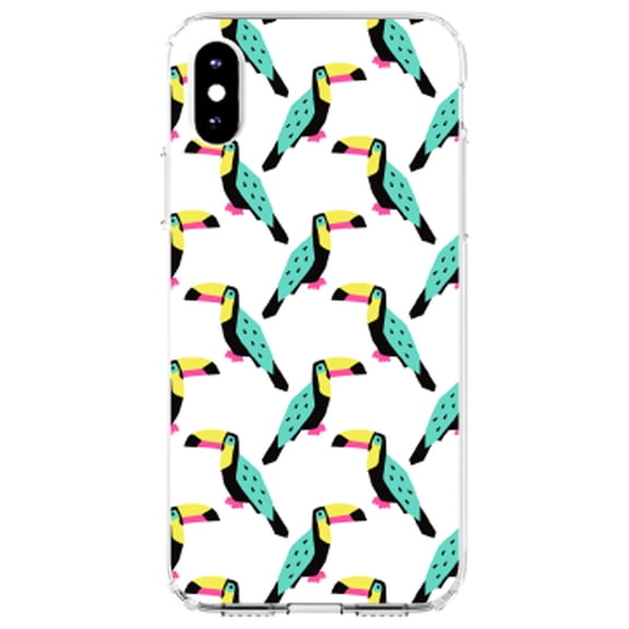 DistinctInk Clear Shockproof Hybrid Case for iPhone X / XS (5.8" Screen) - TPU Bumper, Acrylic Back, Tempered Glass Screen Protector - Summer Graphics - Toucan Pattern - Teal