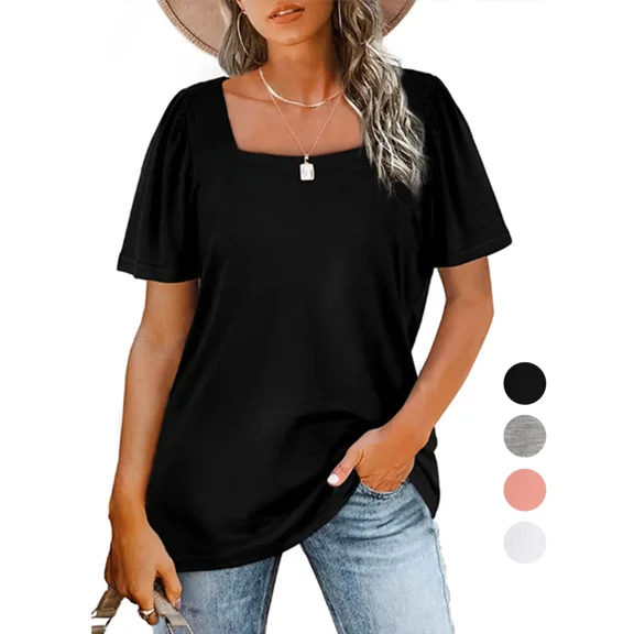 Gustave Women Summer Square Neck Tops Puff Short Sleeve T Shirts Casual Loose Solid Color Basic Blouse Top "Black, S"