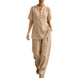 thumbnail image 2 of Mifsaly Travel Outfits for Women 2 Piece Sets Short Sleeve Button Down Tunic Top and High Waisted Loose Harem Pants Boho Casual Summer Vacation Matching Set Khaki,XXL, 2 of 5