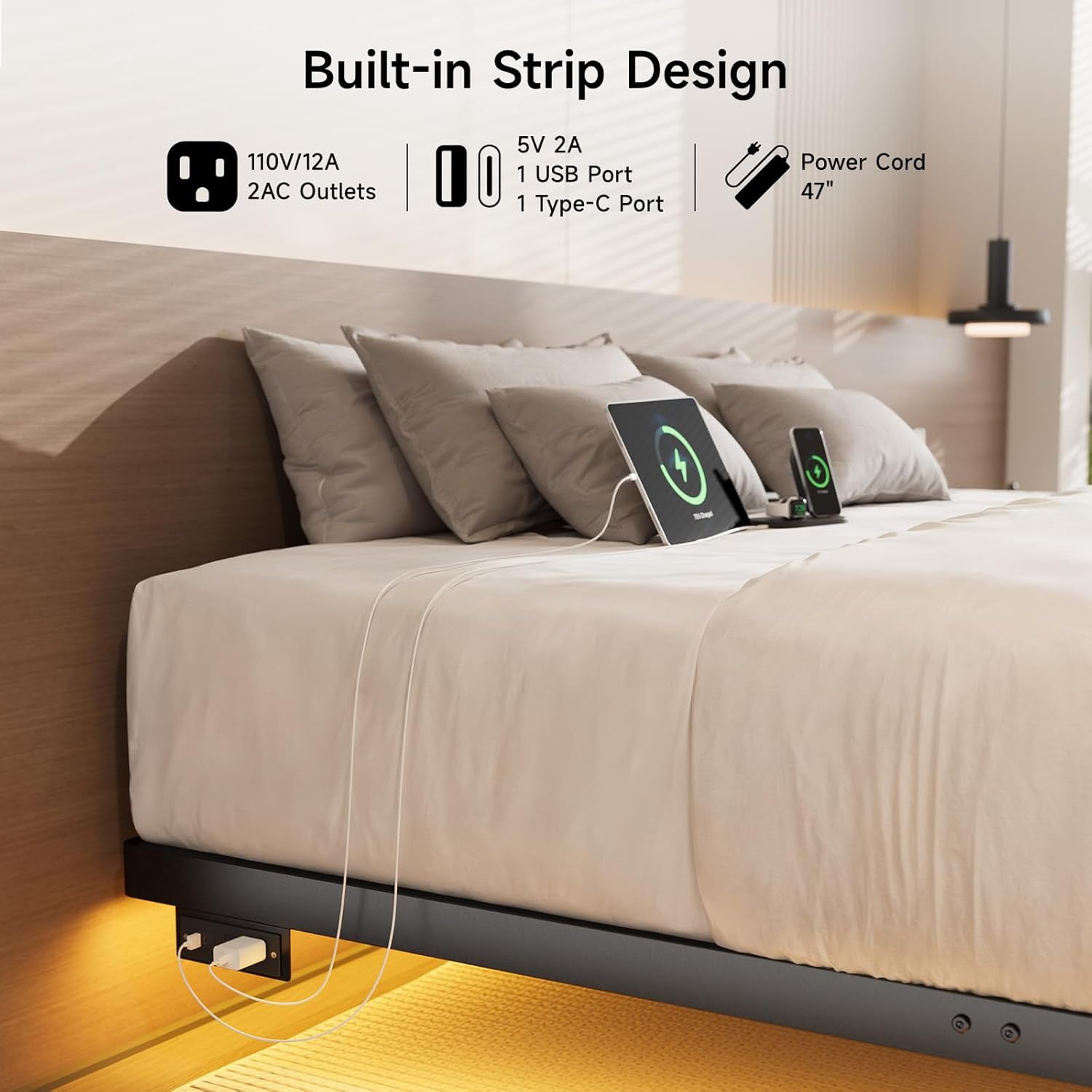 King Size Floating Bed Frame with USB Charging Station and Smart LED Lights, Heavy Duty Metal Platform Bed with Underbed Storage Space, Easy to Assemble, Noise-Free, No Box Spring Needed