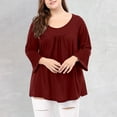 thumbnail image 2 of Htigea Women Plus Size 3/4 Sleeve Tshirt Pleated Crewneck Tunic Tops Casual Loose Fit Pullover Solid Color Tees Wine,2XL, 2 of 7