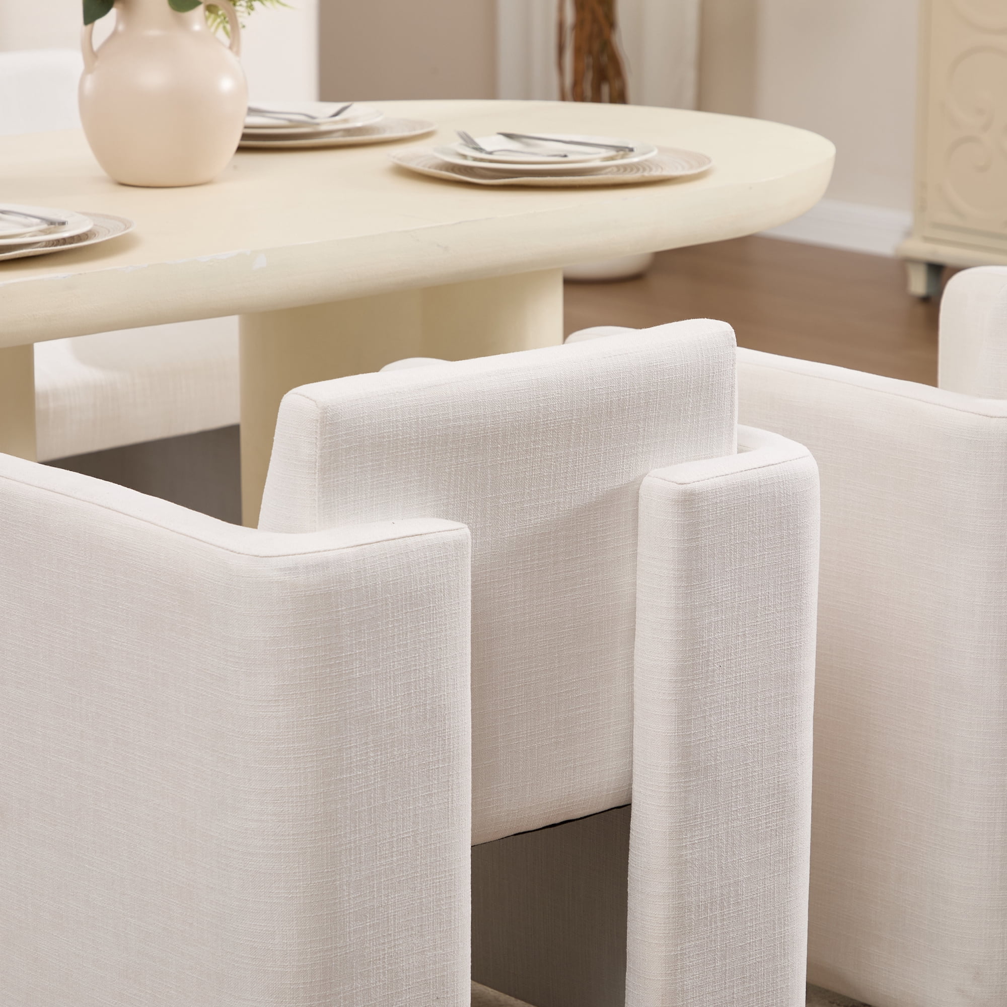 Leumius Modern Barrel Dining Chair, Accent Kitchen Chair with Arms Comfy Linen Fabric, Side Chair for Living Room Home Office Reception, Cream
