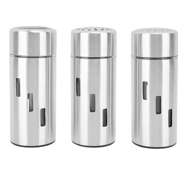Juego de 3 saleros y pimenteros de acero inoxidable con 3 orificios para dispensador de especias, recipiente para condimentos, botella para cocina y exterior.