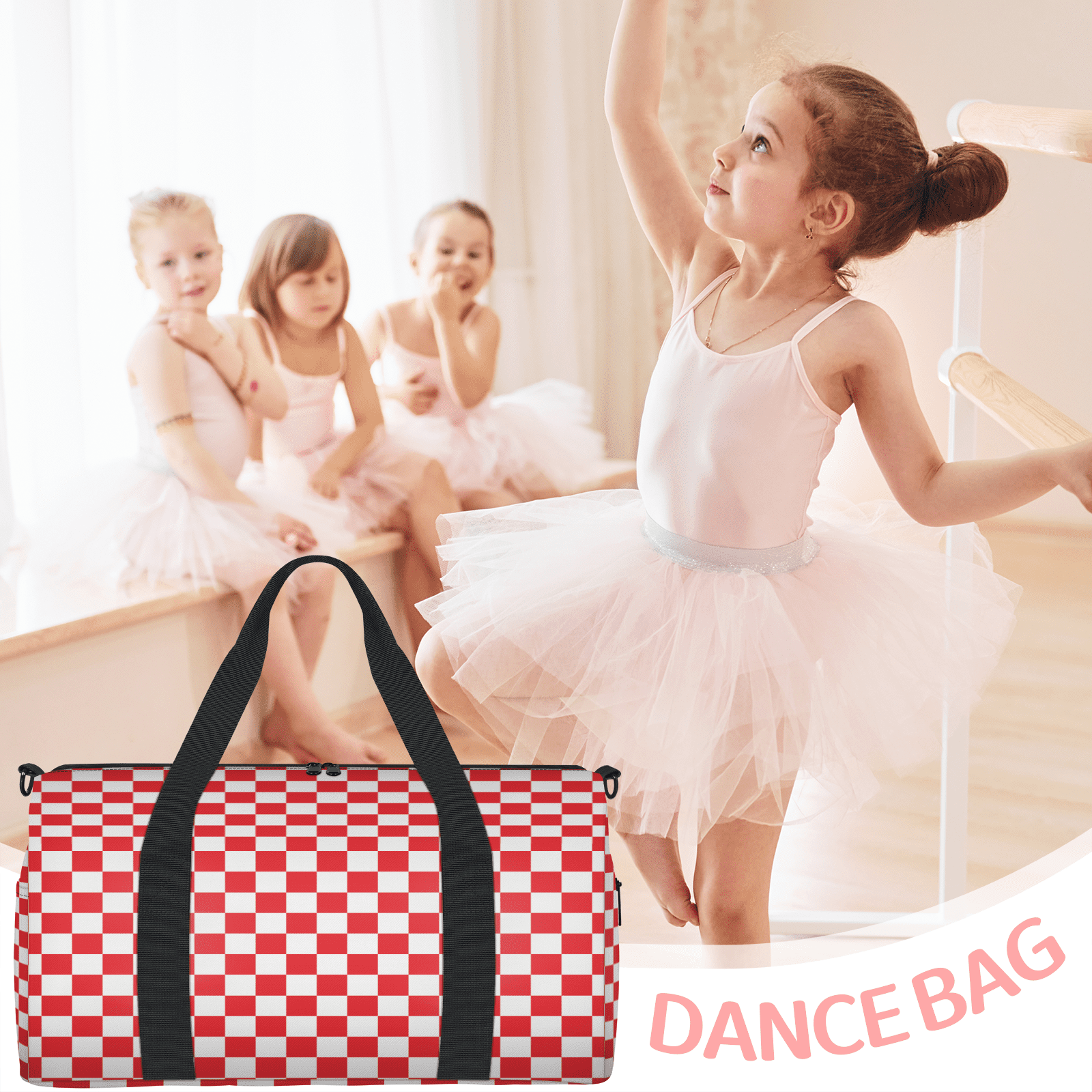 Herdesigns Checkerboard red and white Travel Duffle Bag Sports Yoga Weekender Overnight Carry on Workout Bags Lightweight Waterproof Gym Tote Bag for Women