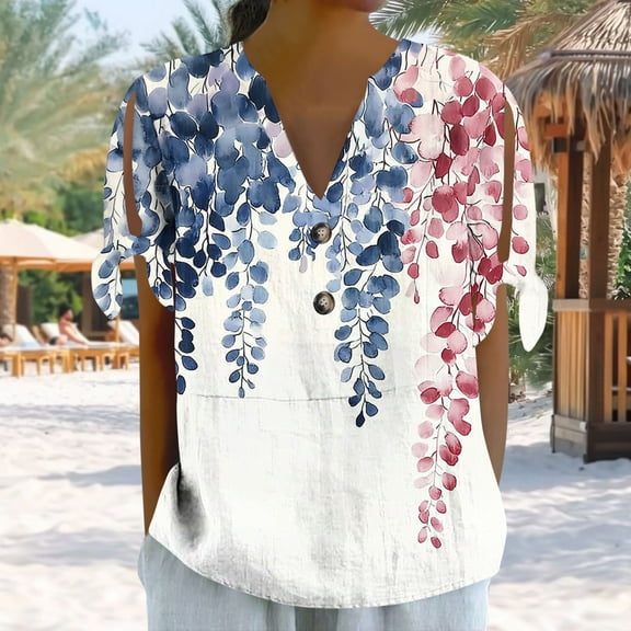 Tops for Women under $5 Short Sleeved V-neck Button Printed Tied Top Loose Fashionable Casual T-shirt White