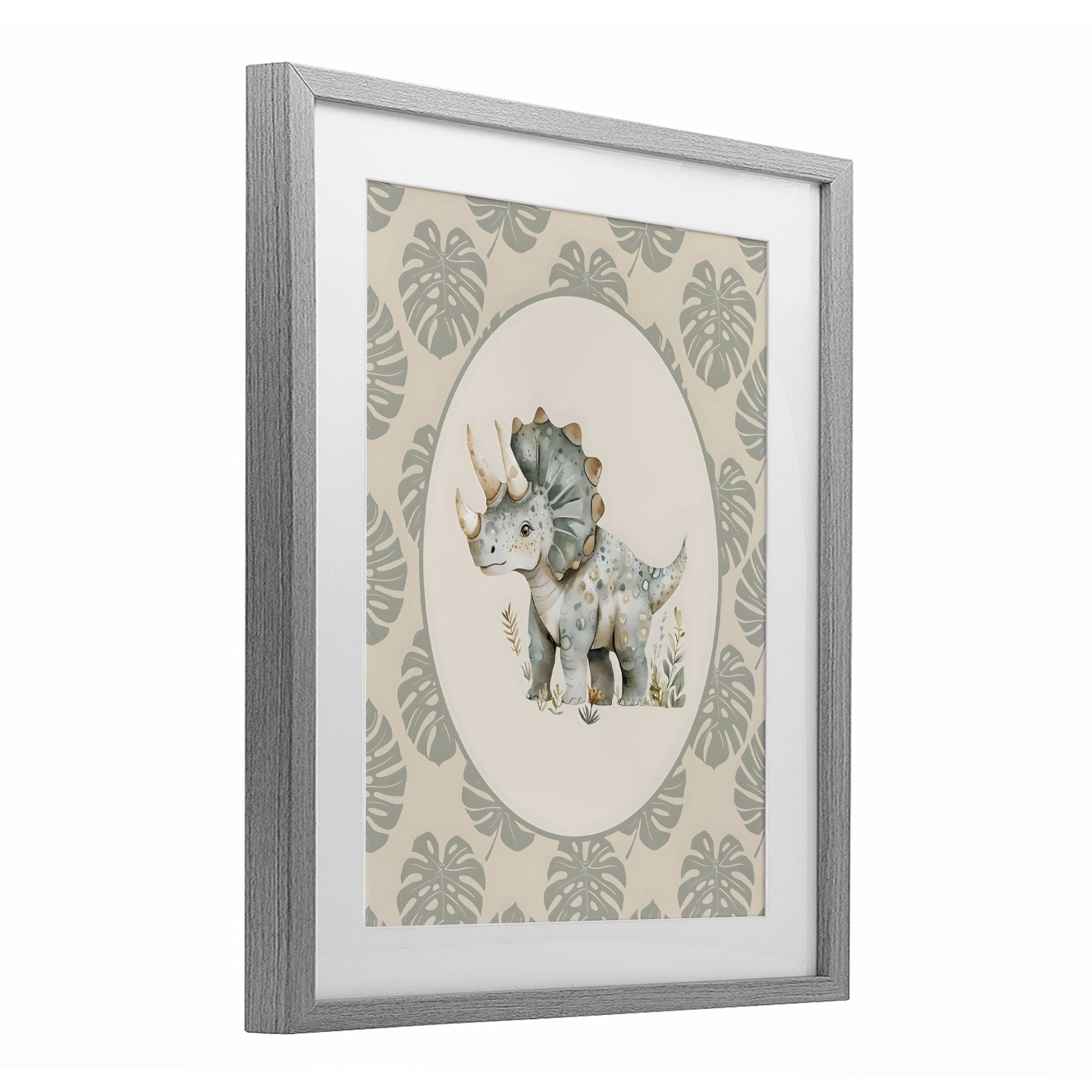Stupell Industries Watercolor Dinosaur Tropical Border Gray Framed Print Under Glass, design by LSR Design Studio