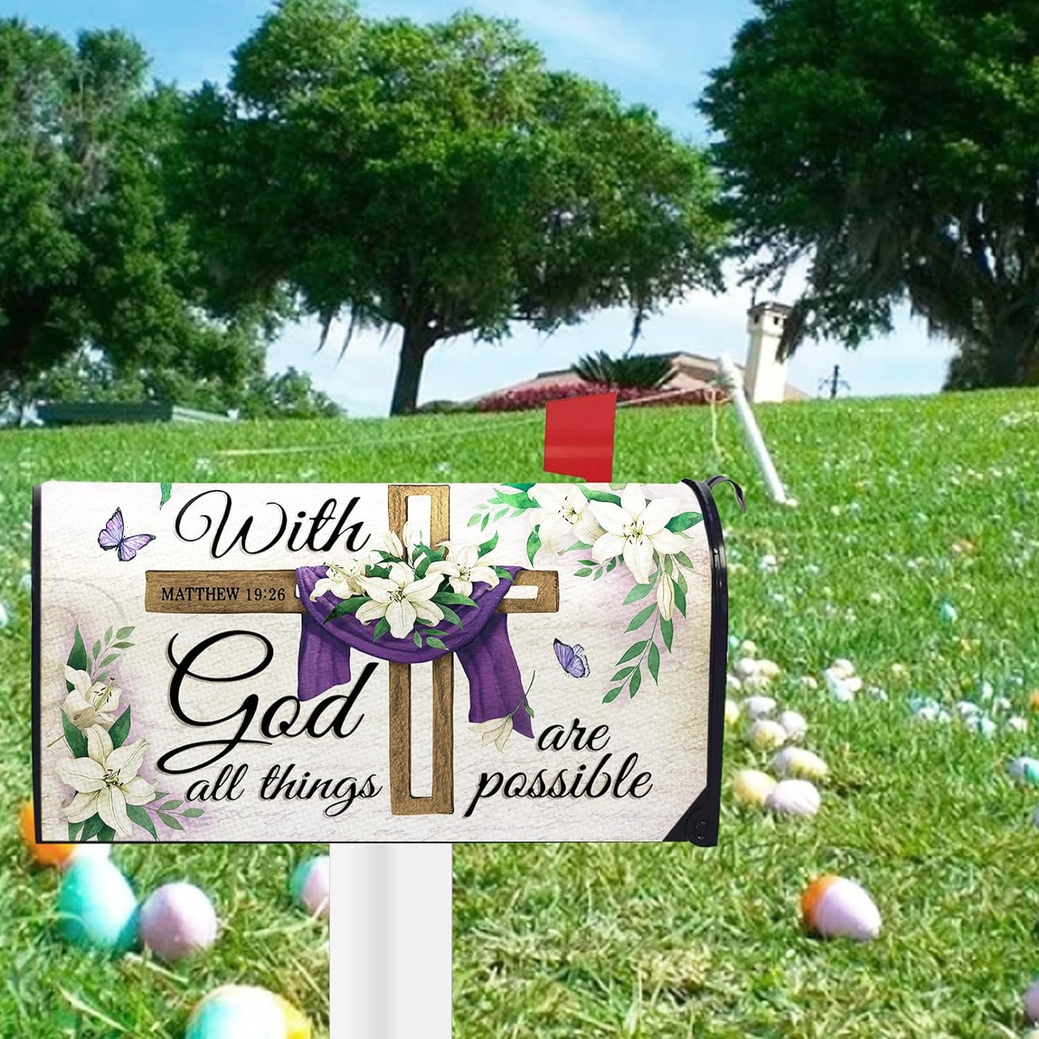 Easter with God All Things are Possible Mailbox Cover Magnetic Standard Size 21"x19", Religious Cross Decorative Post Letter Box Wrap Decor, Spring Summer Lily Garden Yard Outdoor Decoration