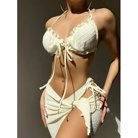 3 Pieces Ruffle Bikini 2024 Women & Beach Skirt Sexy Swimsuit Halter Swimwear Solid Bathers Bathing Swimming Swim Suit Female