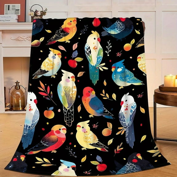 1pc Vintage Cockatiel Bird Print Flannel Throw Blanket, Hypoallergenic Plush Soft Warm Multipurpose Knit Fabric, Machine Washable, All Seasons, Digital Print, 100% Polyester, 250-300gsm