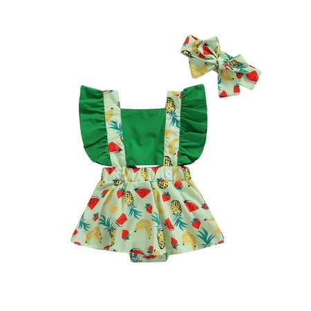 

Canrulo Newborn Baby Girl Summer Ruffle Short Sleeve Romper Outfits Fruit Print Jumpsuit Dress + Headband Set Yellow 12-18 Months