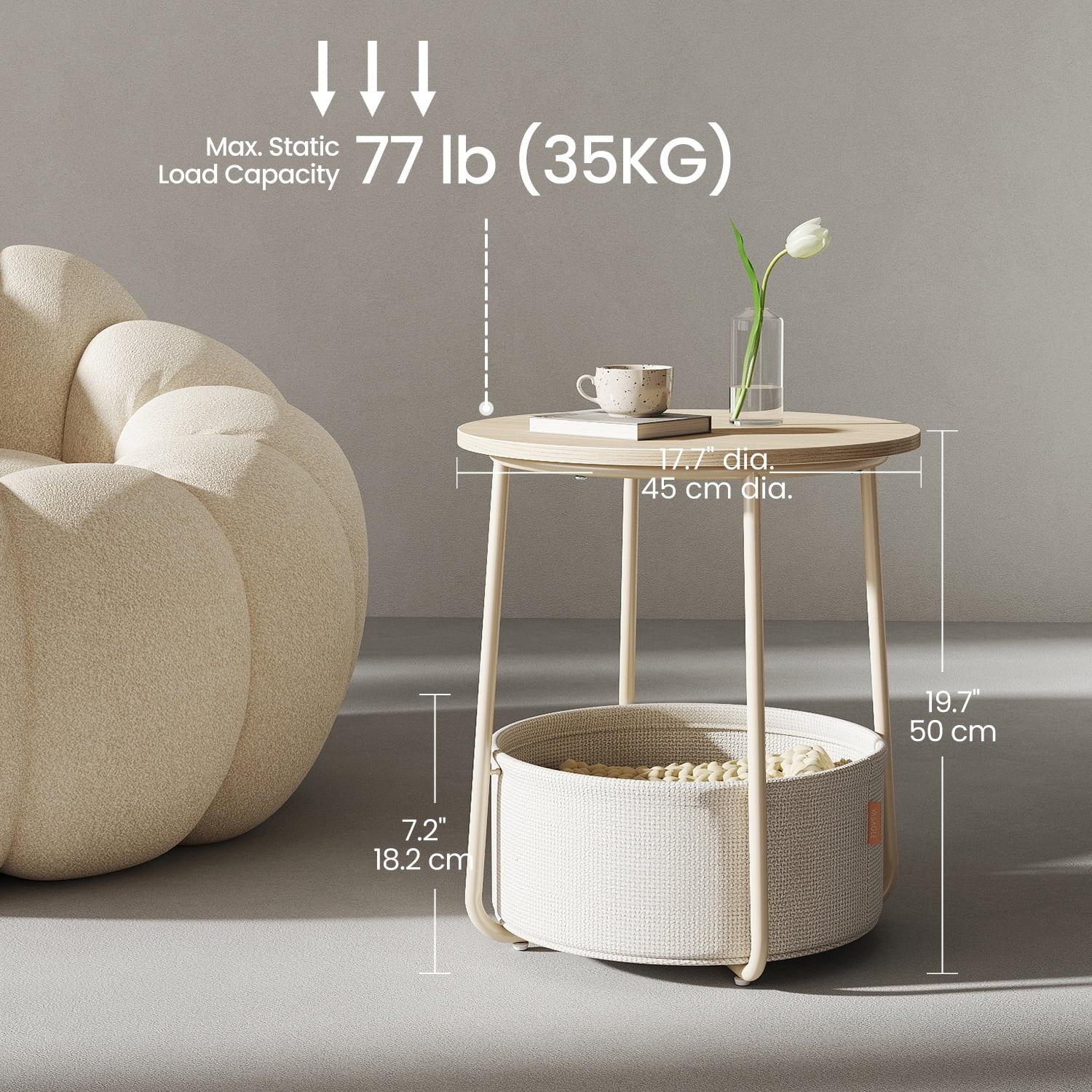 LEDREM Modern Round Accent Table with Fabric Storage Bin, Compact Nightstand for Bedroom & Living Area, Space-Saving Furniture with Patented Design, White
