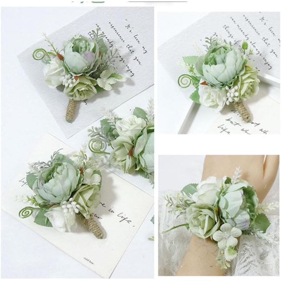 2 Pieces Artificial Wrist Corsage and Boutonniere Set, Rose Wristlet Band Bracelet and Men Boutonniere for Groom Groomsmen Bride Bridesmaids Wedding Flowers Accessories, Prom Decor (Light Green)