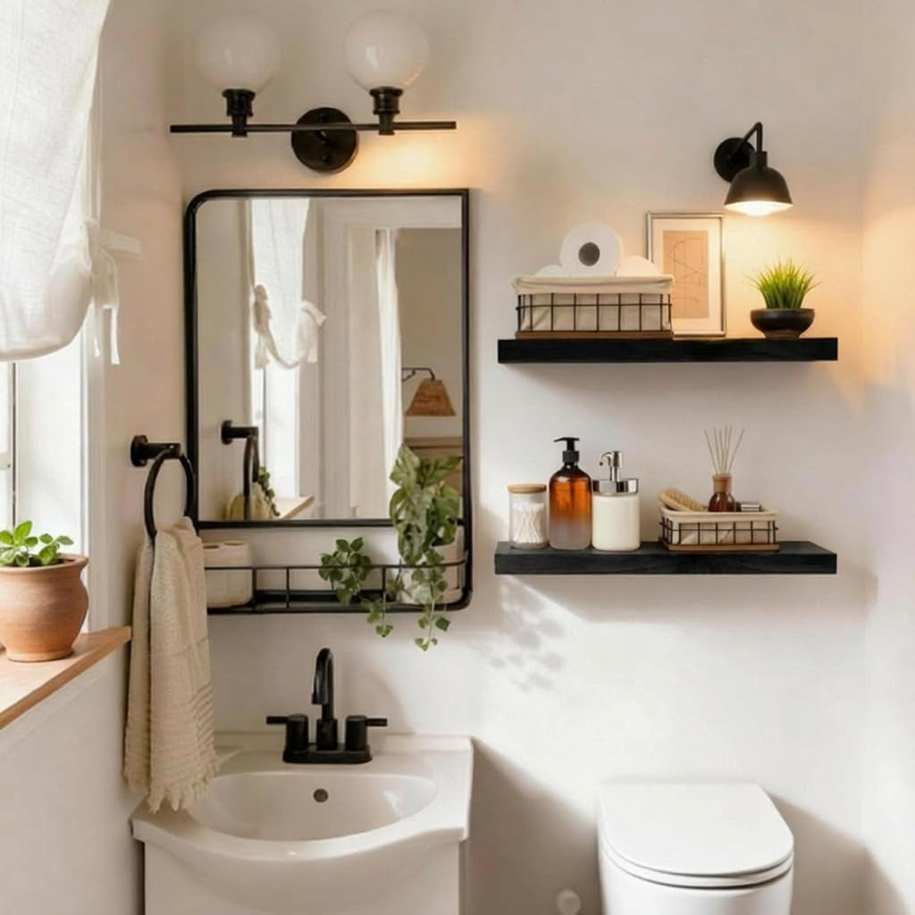 Floating Wall Shelves 16 Inch Bathroom Shelving Mounted Invisible Shelf Kitchen Wooden With Brackets For Living Room Easy Install Set Of 2 Black