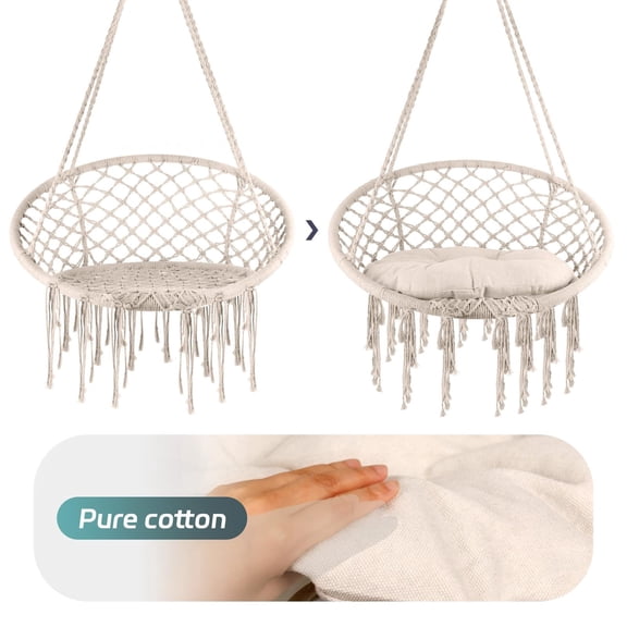 Muweixin 31.5 Inch Beige Macrame Hanging Chair with Cushion, 330 lbs Capacity Boho Swing Chair for Indoor Outdoor Patio Balcony Bedroom