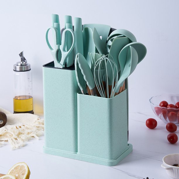 Juego de 19 piezas de utensilios de cocina de silicona, juego de combinación de cuchillos, mango de madera, pala, cuchara, juego de cuchillos de cocina de acero inoxidable con cubo de almacenamiento