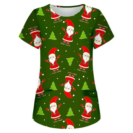 

qucoqpe Womens Plus Size Scrubs Women Short Sleeve Tops Working Uniform Christmas Printed Pocket Blouse Casual Nurse Shirts Scrubs on Clearance