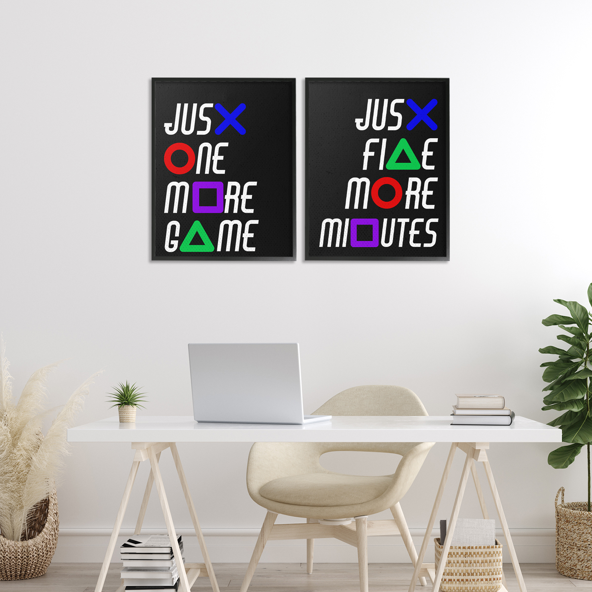 Gamer Button Symbols Phrases 2 Piece Black Framed Giclee Art Set, design by Kim Allen