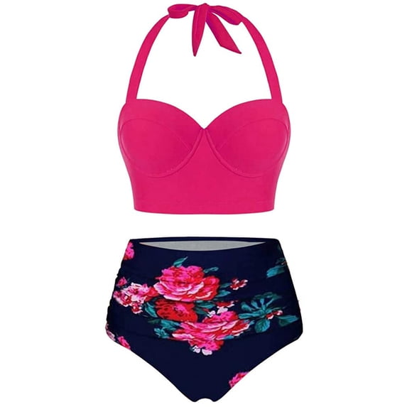 2 PCS Women Swimsuits Bathing Suits Sunflower Print Halter Sexy Bikini Set High Waisted Beach Swimwear