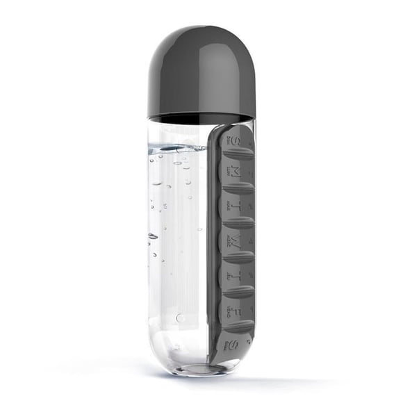 Botella de agua de 600 ml con pastillero organizador, 2 en 1, portátil, para 7 días, para viajes, medicamentos