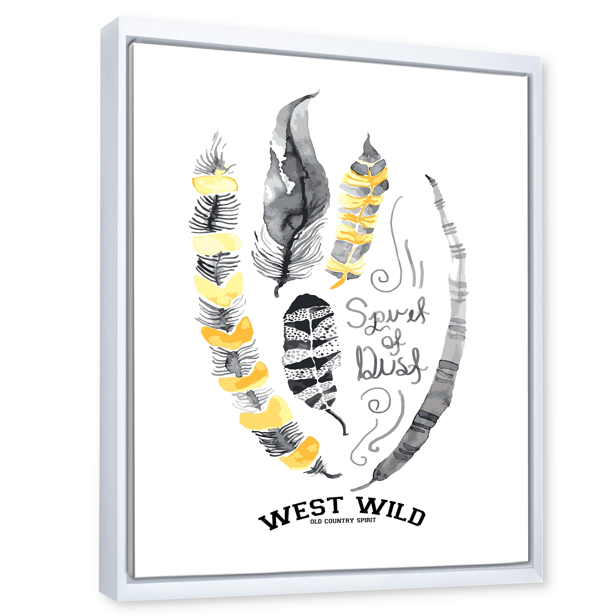 Designart 'Yellow Ethnic Plume Feathers On White' Bohemian & Eclectic Framed Canvas Wall Art Print
